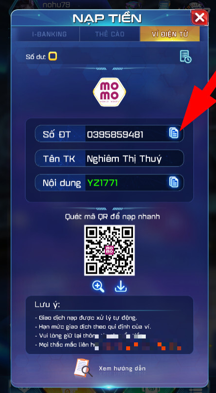 Người chơi copy thông tin số điện thoại hay chính là số tài khoản để chuyển tiền MoMo 